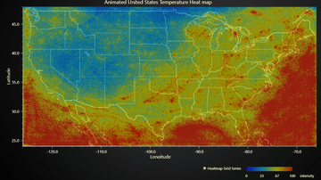 JavaScript Animated Geographical Temperature Chart - Example on geographical data visualization by laying a 2D heatmap over a picture of a map.