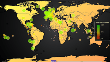 JavaScript Animated CoVID Vaccination Coverage Chart - Animated map chart that visualizes the progression of first round of CoVID-19 vaccination coverage per country