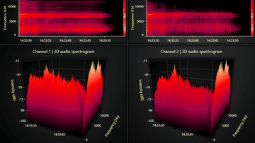 JavaScript Audio Spectrogram 2D & 3D Chart - Example showcasing the Surface Scrolling Grid Series feature of LightningChart JS.